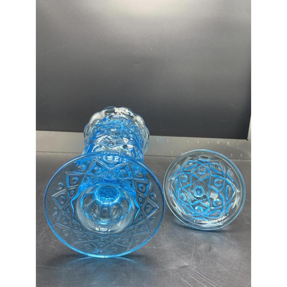 Vintage Blue Glass Candy Covered Lid Dish Vase Pedestal - Picture 9 of 11